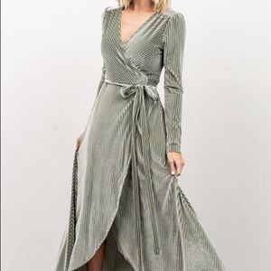 Baltic Born, Ribbed Velvet Wrap Dress, Dusty Sage